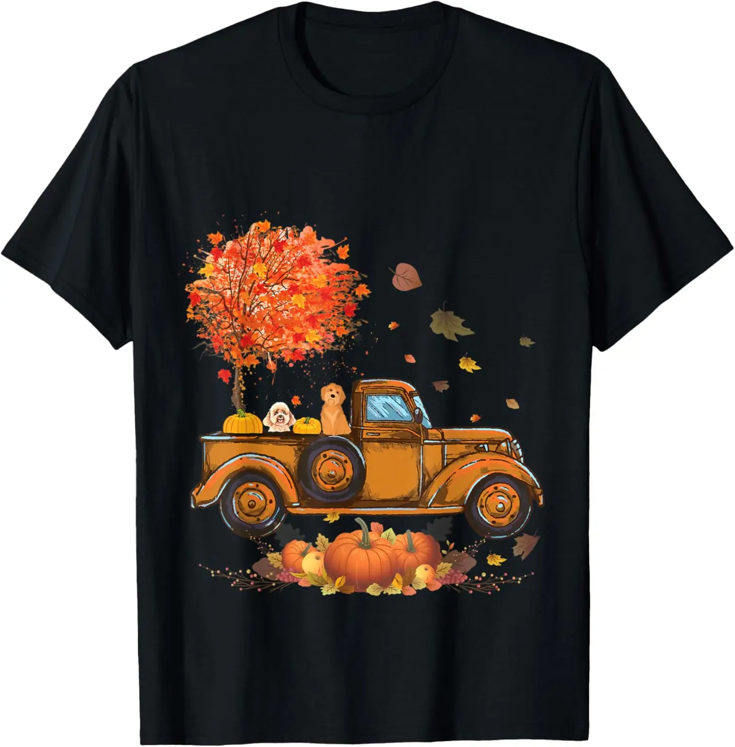 Poodle Pumpkins Truck Autumn Leaf Fall Thanksgiving Gifts T-Shirt 100% Cotton Trendy Y2K Short-Sleeve Tee – Soft, Quick-Drying,
