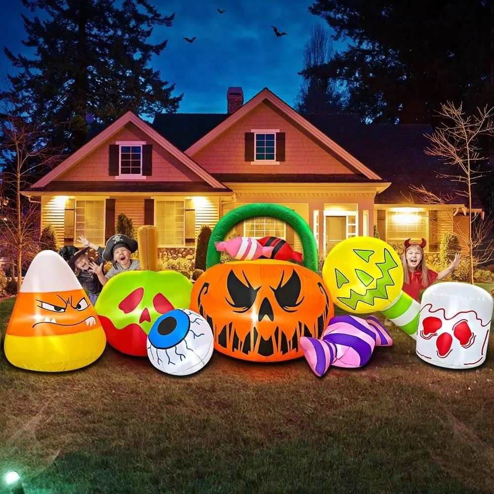 Decoração De Abóbora Inflável De Halloween, Combinação De Globo De Olhos De Doces, Luz LED, Decoração ao ar livre, 10 pés