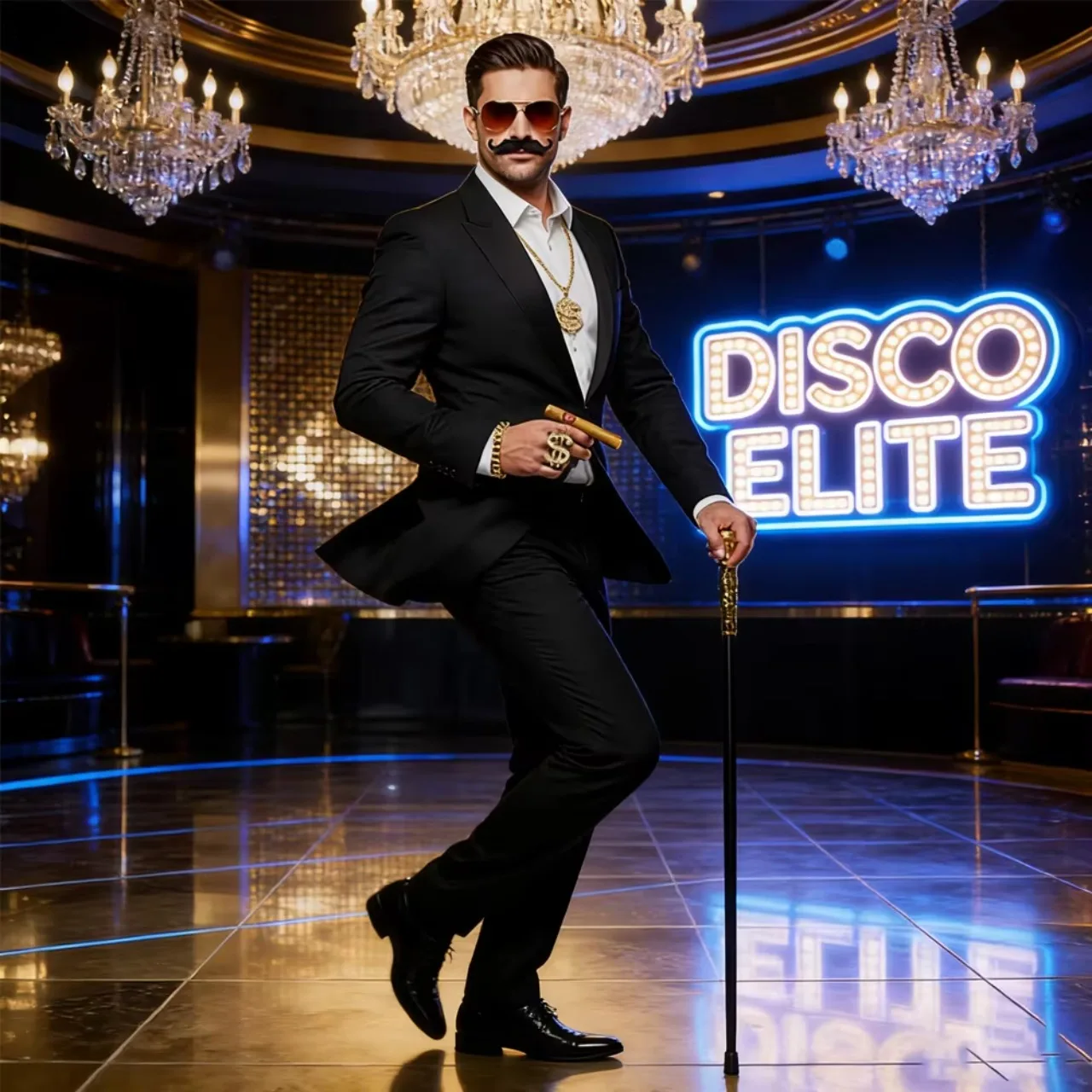 PESENAR 90s Disco Luxury Role Play Set - Fake Mustache, Gold Chains, Dollar Pendant, Skull Cane, Cigar & Gradient Sunglasses