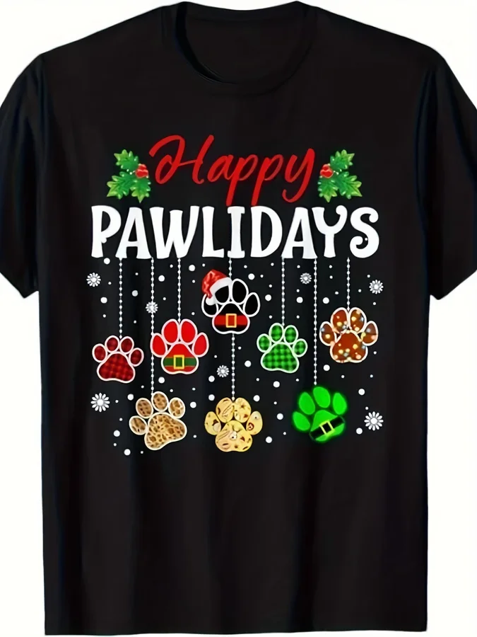 Happy Pawlidays Shirt Funny Christmas Dog Paw Print Graphic Tees Matching Christmas Shirts For Men Women Xmas Gift