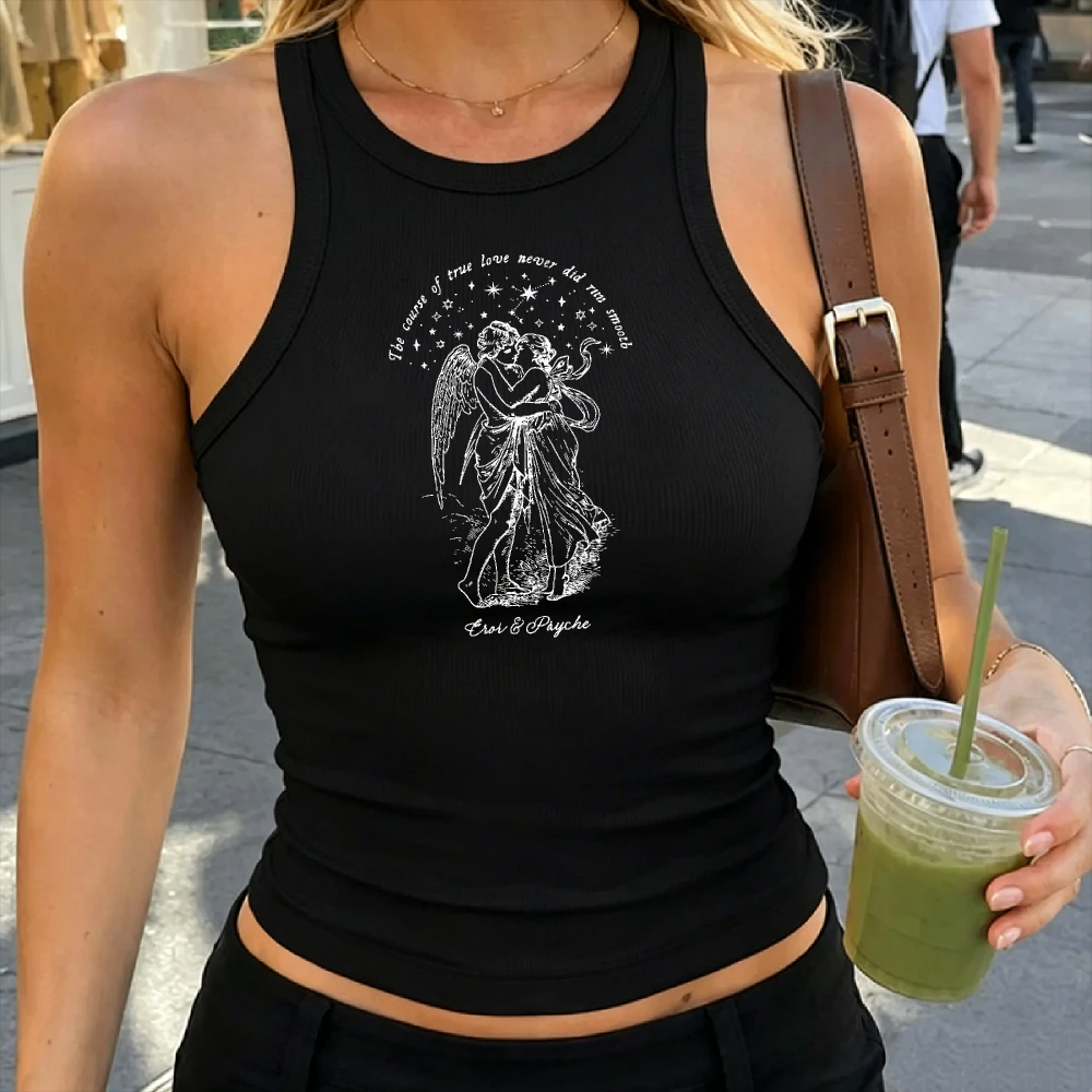 Antique Line Sketch Winged Eros Psyche Embrace Star Crescent Border True Love Literary Quote Greek Romantic Love Myth Crop VEST