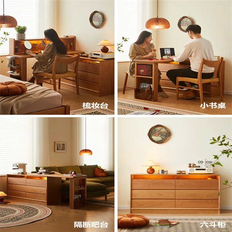 Nordic cherry wood solid wood dresser chest of drawers integrated movable cream style bedroom bedside dressing table storage cab