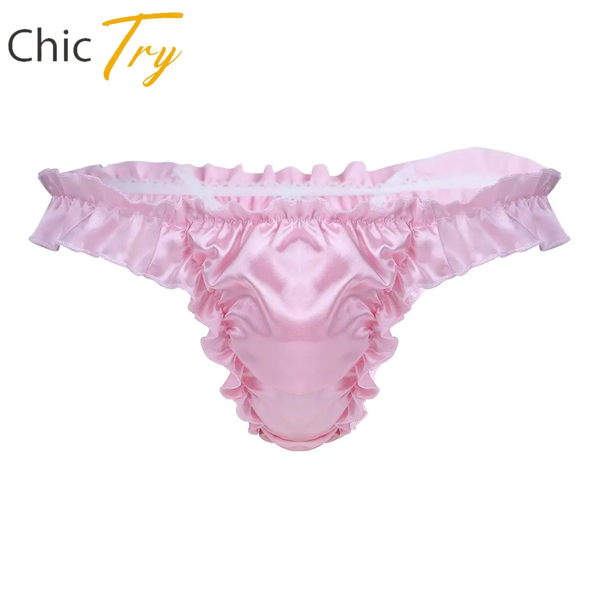 Men's Sissy Lingerie Sexy Briefs Gay Ruffled Frilly Satin Bikini G-strings Micro Thong Panties T-back Underpants Underwear