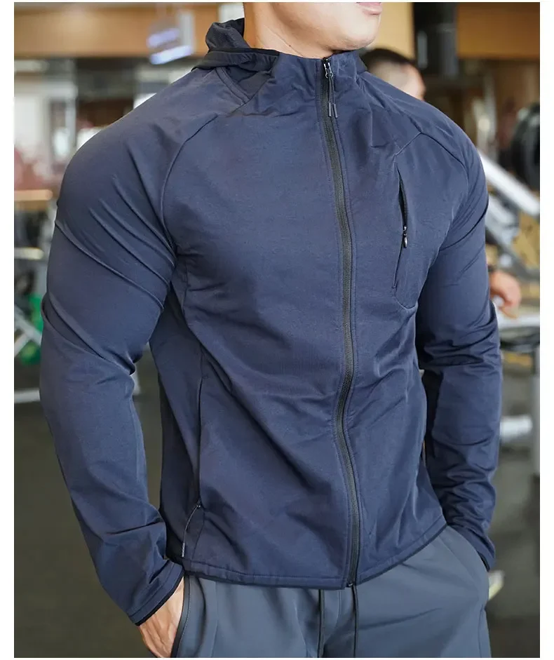 Hochwertiger Nylon-Sportmantel für Herren, Fitnessstudio, Fitness, Hoodies, Outdoor-Workout-Tops, Kapuzentraining, Laufen, Reißverschlussjacke, Kleidung – Detail 10