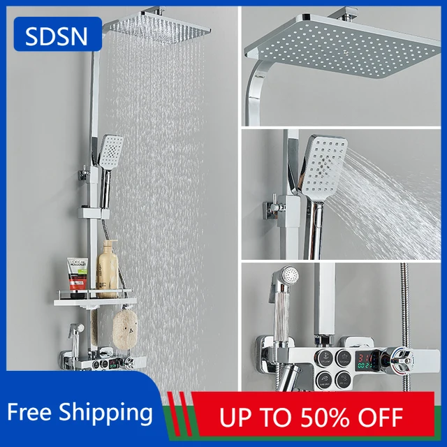 Chrome Digital Bathroom Shower Set 12 Inch Rain Shower Head Brass Hot Cold Bathroom Faucet Smart Thermostatic Shower System