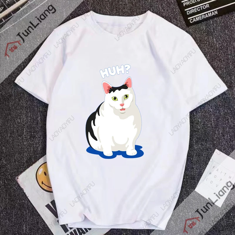 Huh Cat Meme Men's T-shirts Hip Hop Streetwear Cute Cats Humor Y2k Manga Women's T-shirt Short Sleeve Tee Funny Gifts Clothing