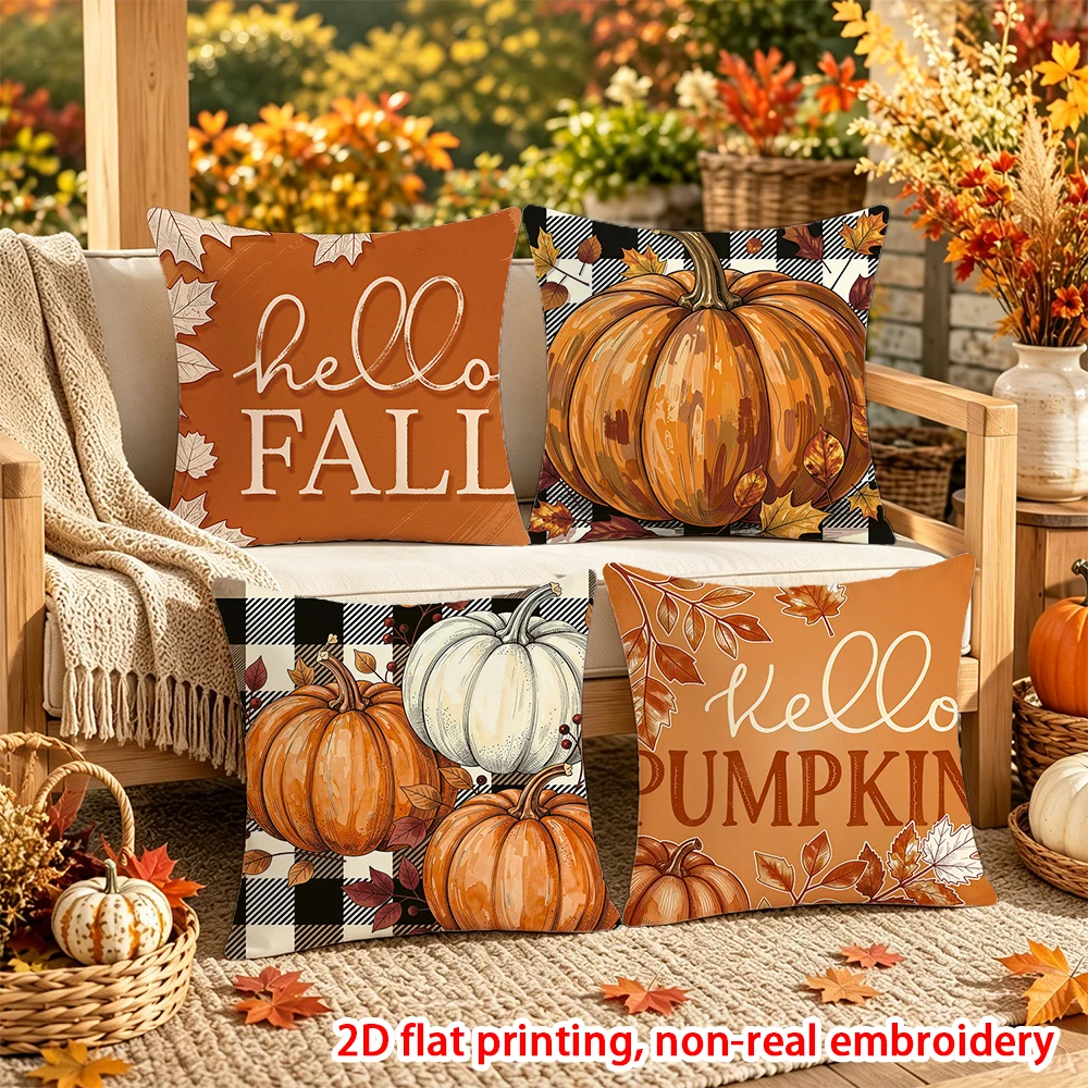 4PCS Fall Thanksgiving Pillow Covers, Rustic Farmhouse Pumpkin Floral Thankful Blessed Cushion Cases for Home Decor