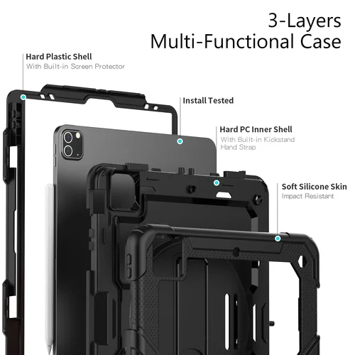 Imagen 2 del producto Para iPad Pro 11 12,9 13 pulgadas funda a prueba de golpes con soporte para tableta iPad Air 11 4 5 10,9 10th 11th Generation fundas + pantalla de PET + correa