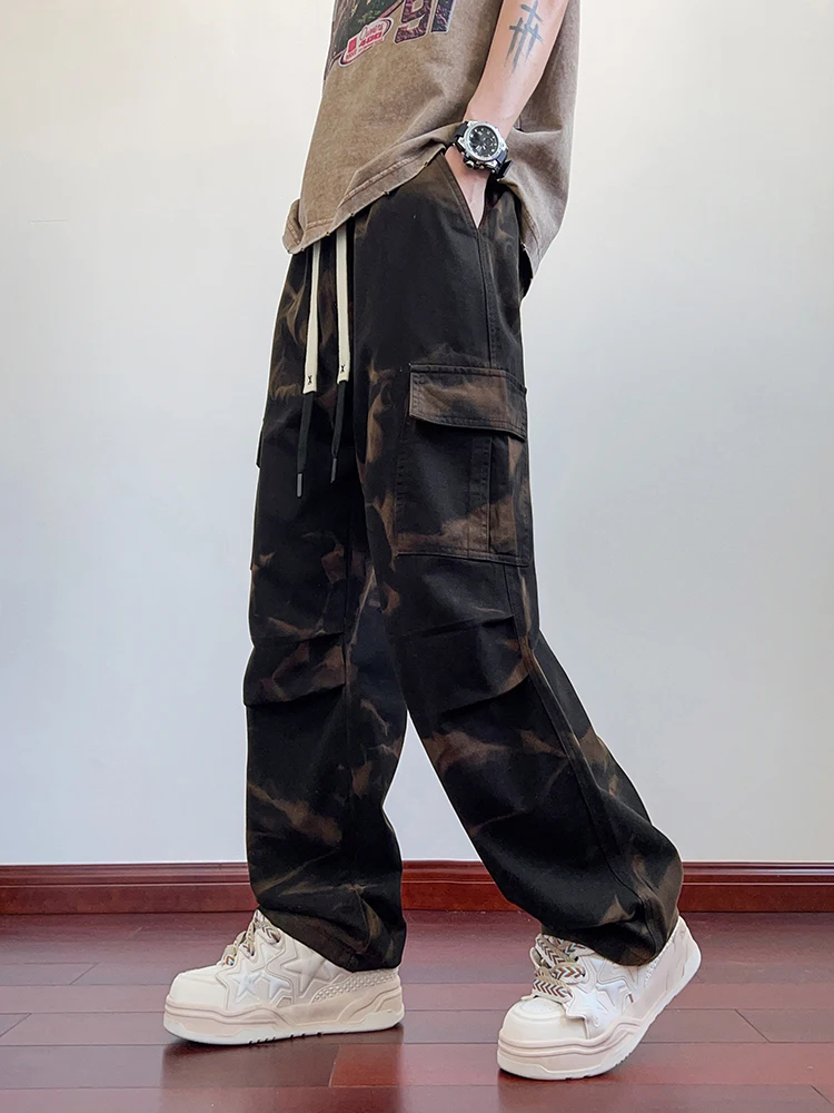 メンズ迷彩カーゴパンツ 6 ポケットストリートスタイルウォッシュコットンワイドレッグ Y2K パンツストレートだぶだぶのワークパンツ 8XL