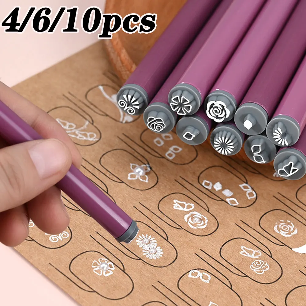 4/6/10pcs Flower & Butterfly Patterns Nail Art Stamp Pens Silicone Head Stamping/Dotting Nail Tools Quick-Drying Ink Nail Design