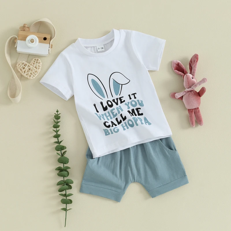 Newborn Baby Boy I Love It When You Call Me Big Hoppa Shirt Letter Print Crewneck Pant Set Summer Easter Clothes image 4