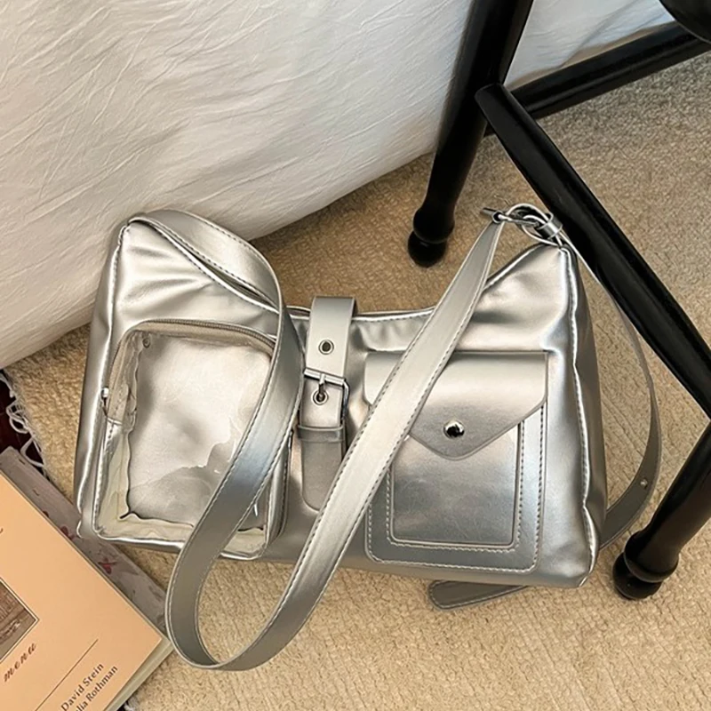 Y2k Japanese Pu Leather Shoulder Bag Transparent Window Large Capacity Crossbody Bag Multi Pocket Badge Student Commuting Bag
