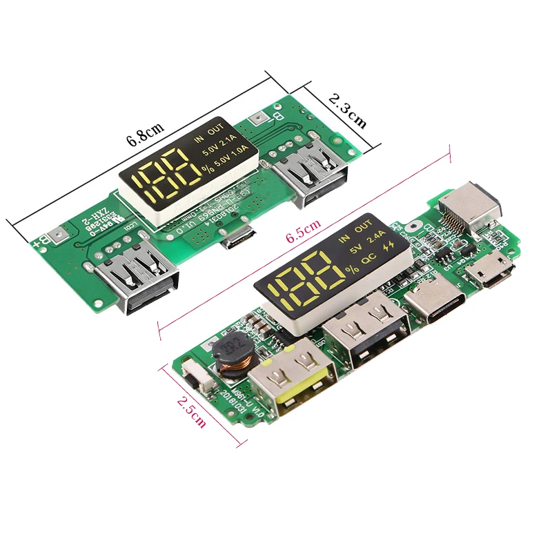 لوحة شاحن بطارية ليثيوم لحماية الدوائر ، بنك طاقة متنقل ، LED ، USB مزدوج ، مايكرو ، نوع C ، 5V ، 2.4a