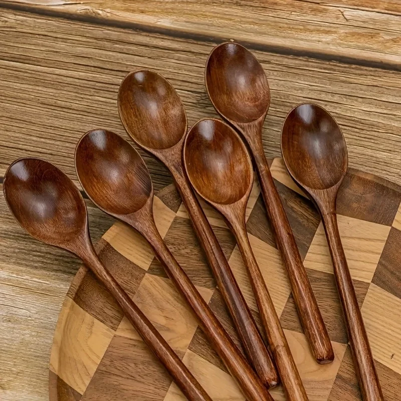 6pcs Multifunctional Handle Wooden Spoon Set, Soup Ladle, Dessert Spoon, Coffee Spoon, Stirring Spoon,