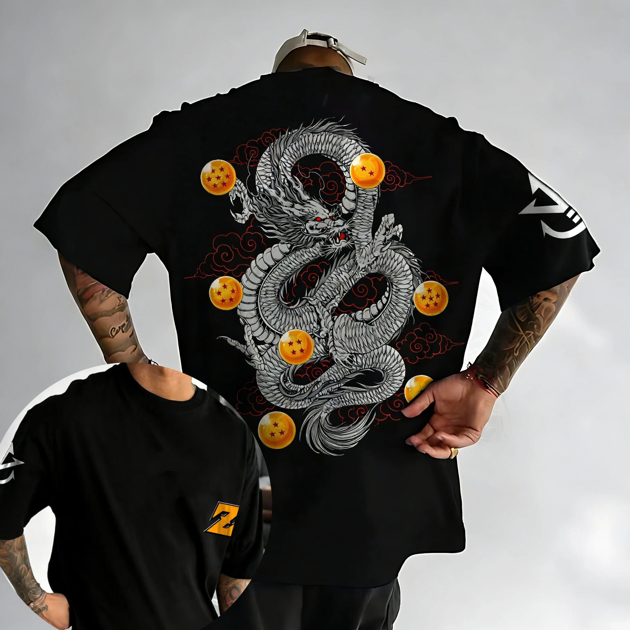 Dragon Ball Shenron Black and White Line Art T-Shirt for Men's Clothing Cotton 2026 Summer Casual Streetwear Anime Graphic Print