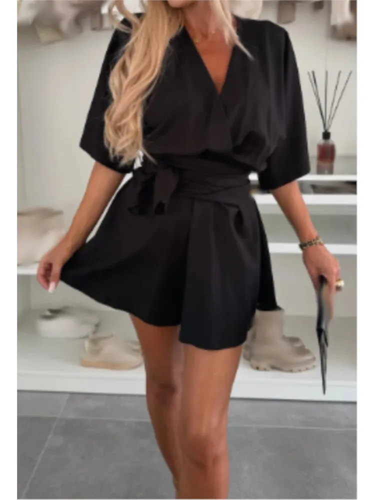 سيدة الصلبة السراويل بذلة أزياء قصيرة الأكمام الخامس الرقبة عالية الخصر الدانتيل متابعة حللا للنساء عطلة مكتب شارع العليا الملابس