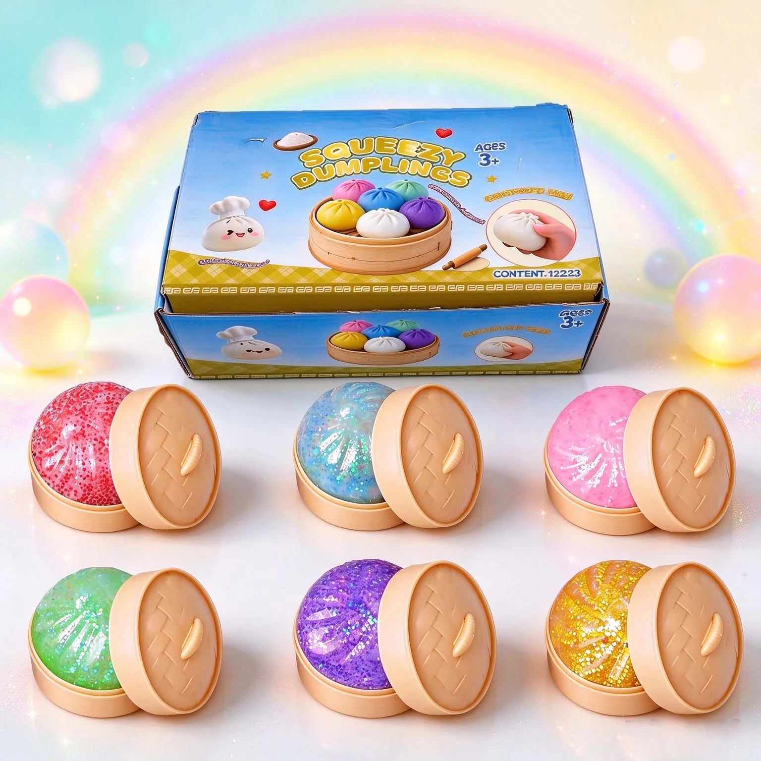 Simulation Dumpling Squishy Rebound Soft Squeeze Stress Ball With Bamboo Steamer Box Anti-Stress Toy Sensory For Creative Gift