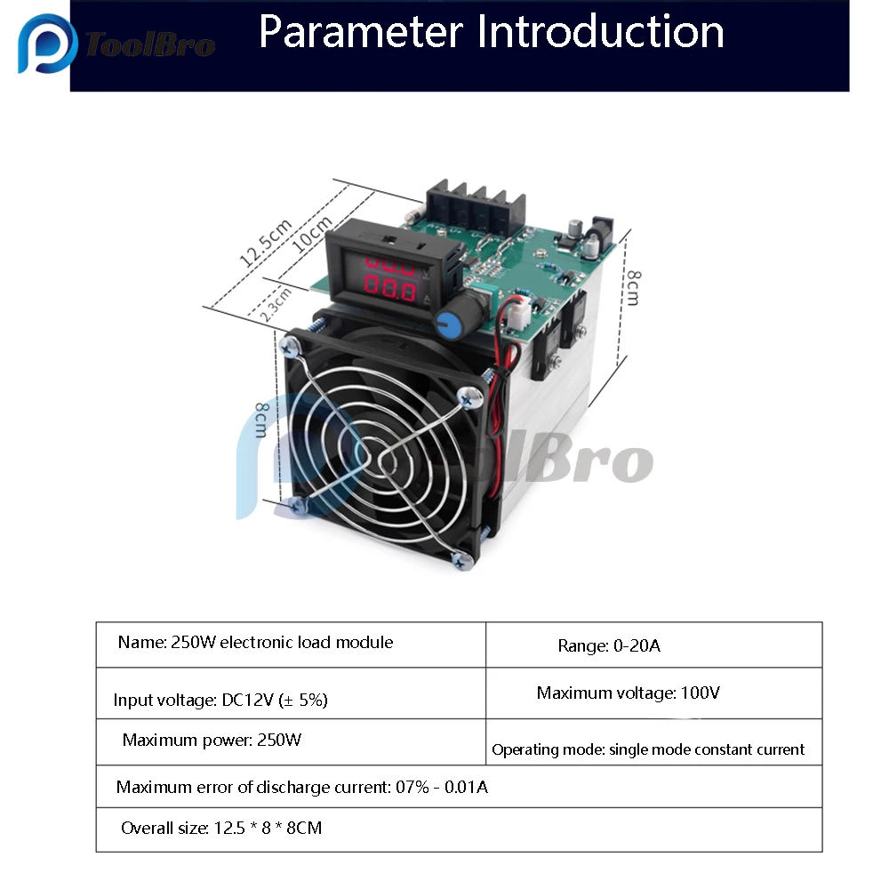 Imagem -02 - Indicador de Bateria Teste de Envelhecimento com Led Voltímetro Digital Amperímetro Ventilador Dissipador de Calor 250w 020a 12v