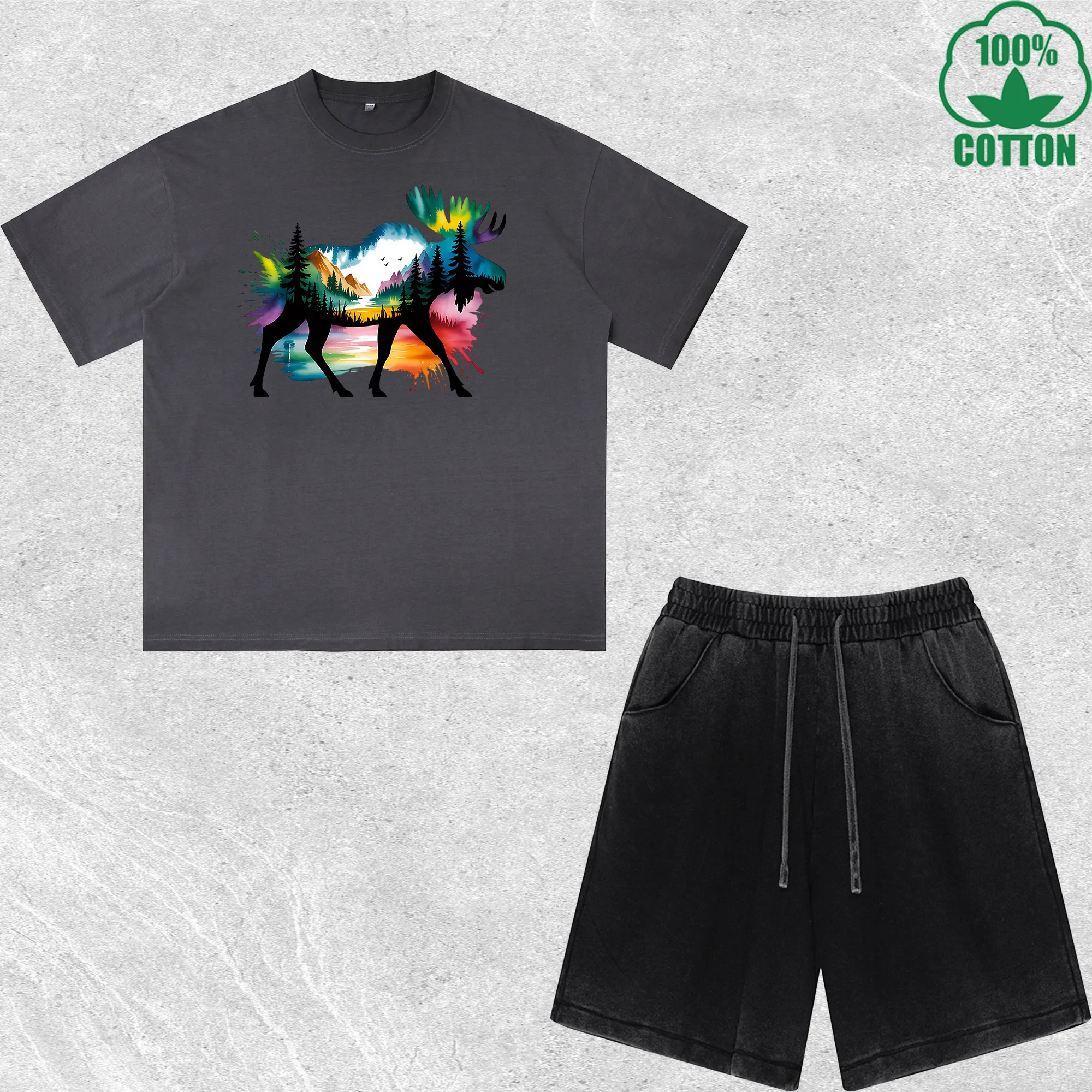 

Colorful Reindeer Printed Dirty Wash T-Shirt Shorts Set Multicolor Combo Loose Trendy Fashionable 100%Cotton