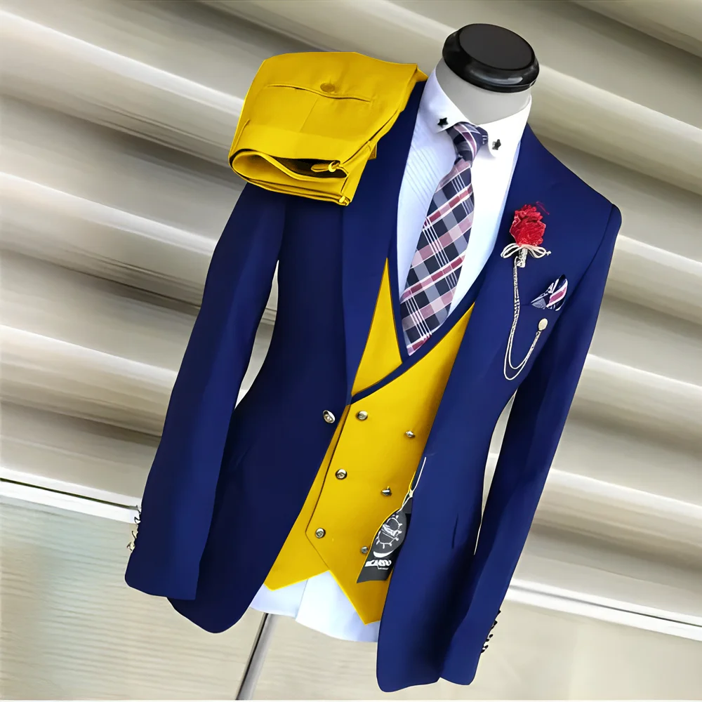 

Fashion Men's Suit 3 piece Set Royal Blue with Yellow Wedding Groom Tuxedo Jacket Pants Vest Outfit for Mens