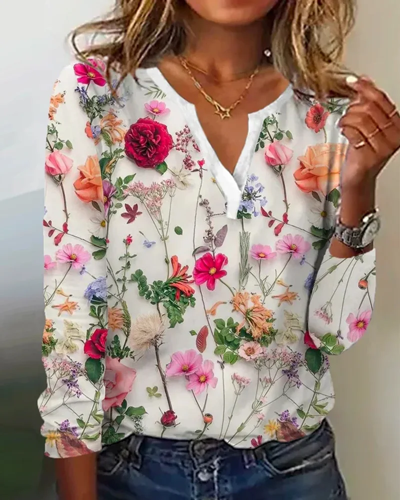 Summer Flower Printed Long Sleeved T-shirt Women's Loose Elegant Tops V-neck  Office Lady Vacation Beach Casual Sweet Blouse