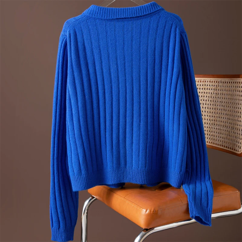 Cardigan a maniche lunghe in lana merino 100% blu royal con collo rovesciato e cerniere Top coat in maglia morbida per caldo autunno inverno M1479