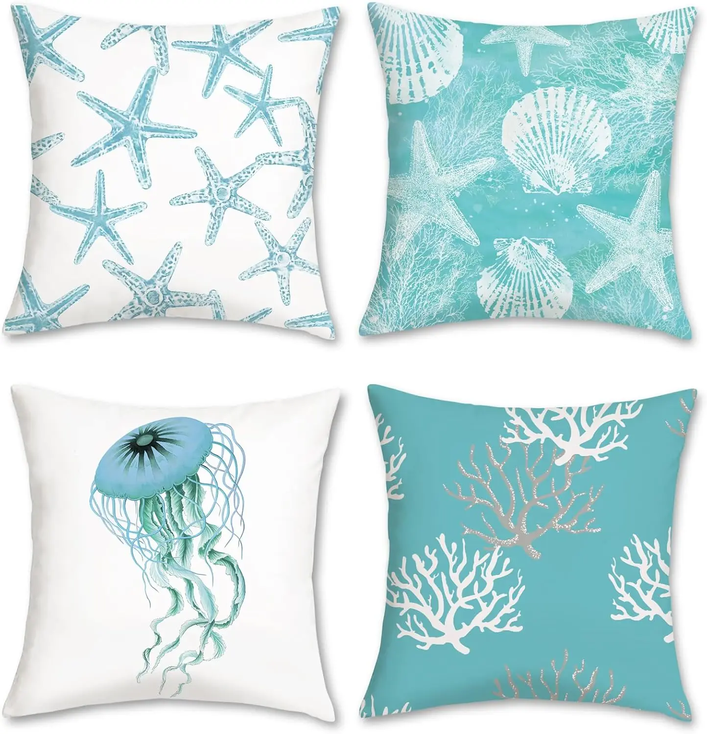 Bonhause Turquoise Coastal Pillow Covers  Set of 4 Beach Starfish Seashell Ocean Coral Jellyfish Pillow Cases