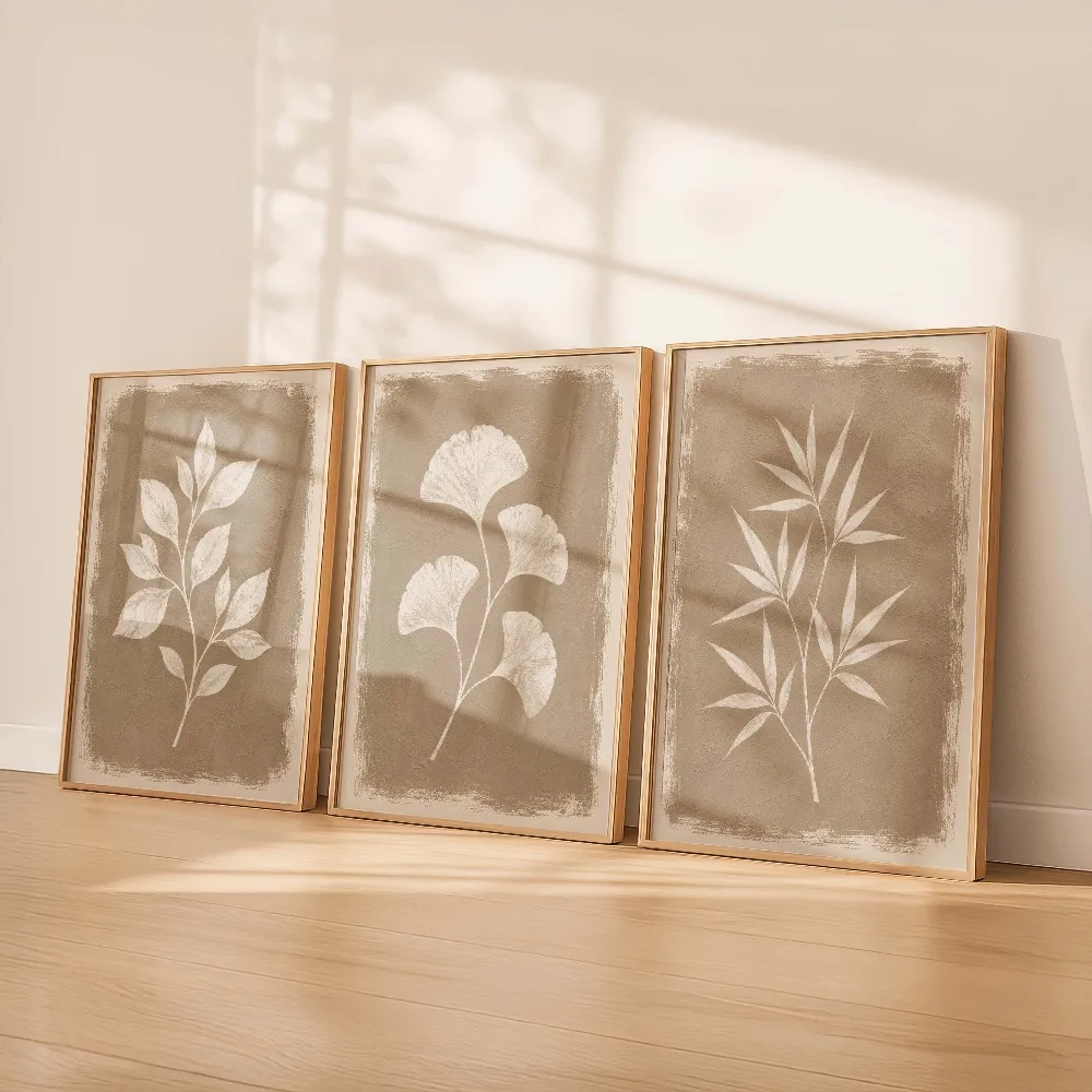 3pcs frameless Canvas Painting 3pcs Frameless,Beige Plant Decor Painting,Neutral Tone Printing,Modern Minimalist Style Decor,Sca