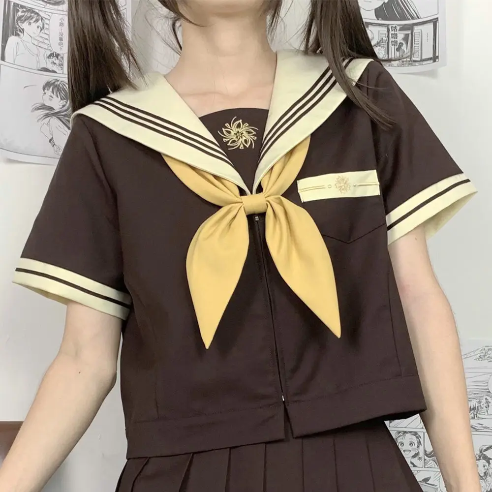 Três linhas marrons ternos de marinheiro, manga longa e curta, uniformes colegial japonês, graduação saia plissada, Anime Cos trajes, Jk