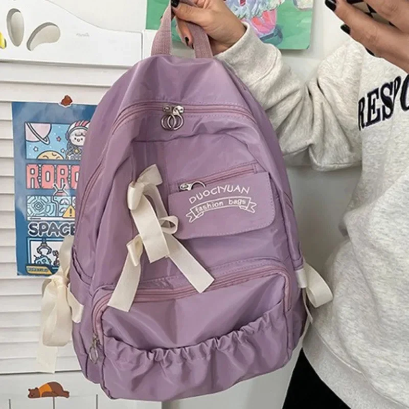 Y2K Bow Oxford Backpacks Korean Waterproof Lightweight Cute Blocking Bag Simple Casual Pleated Student High Capacity Backpacks