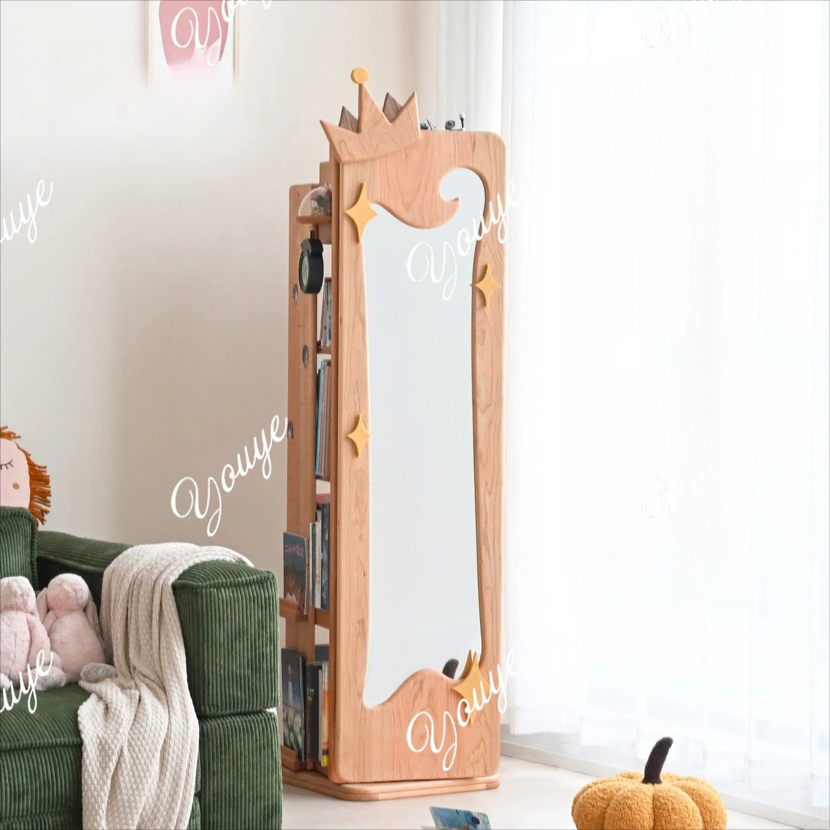 N40 Magic Mirror Rotating Mirror Cabinet 360 Degree Rotating Full Body Mirror Bookshelf Shelf Cherry Wood Large Capacity Househo