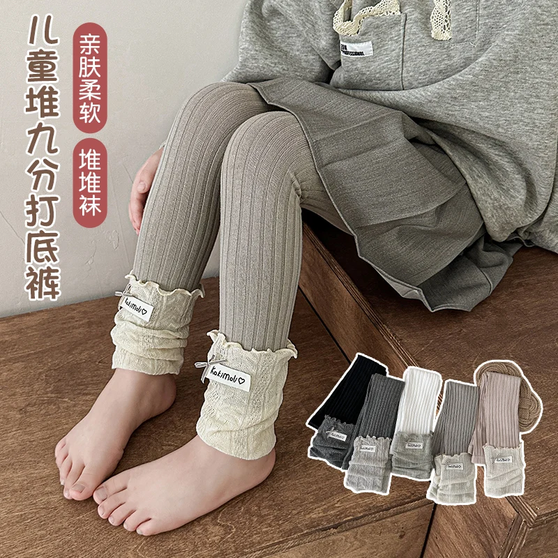 Kids Knit Nine-Point Leggings Solid Color Delicate Bow Decor Letter Printed Tag Flexible Stretch Material Comfy Slouch Pantyhose