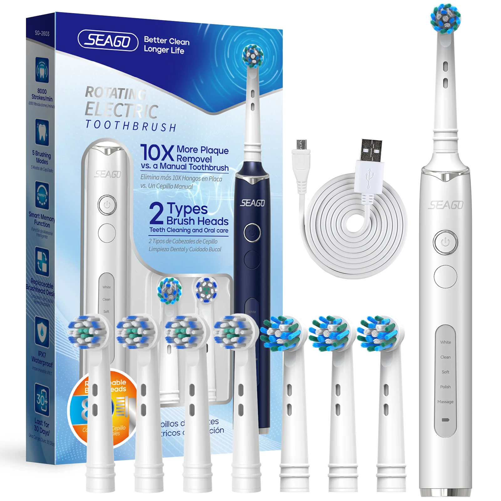 Seago Rotating Electric Rechargeable Toothbrush Teeth Cleaning with 8 Brush Toothbrush Heads 5 Modes Portable Smart Timer