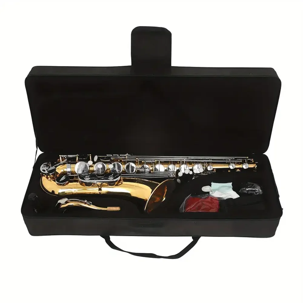 

Bb alto saxophone copper body, engraved white shell keys, gold and silver surfaces, with protective cover