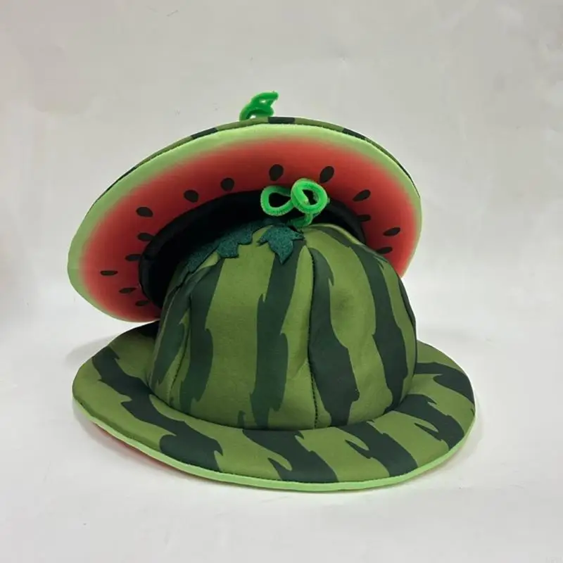 L5YA ثلاثية الأبعاد البطيخ قبعة بحافة لحفلة الهالوين الاحتفال خلع الملابس واسعة الحواف الفاكهة القبعات قبعة لعطلة الهدايا #2