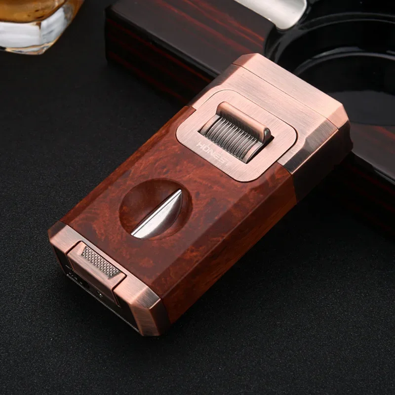 Stylish Luxury Cigar Lighter with V Shape Knife Cigar Holder Dual Nozzle Flame Butane Refillable Torch Lighter Smoker Gift