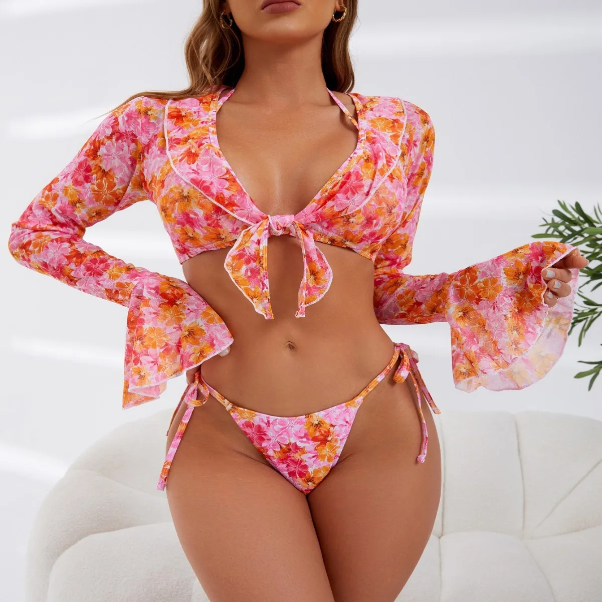 Neue 3 Stück Set Badeanzug Frauen Blumen Tanga Bade bekleidung sexy Strings Bikini Set mit Langarm vertuschen Beach wear Badeanzug