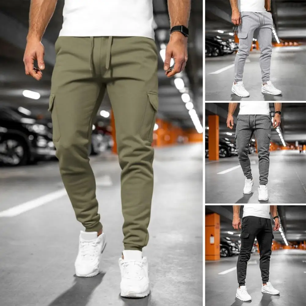 

Polyester Sweatpants for Winters Winter Men's Fleece-lined Cargo Pants with Drawstring Waist Multiple Pockets for Work for Men