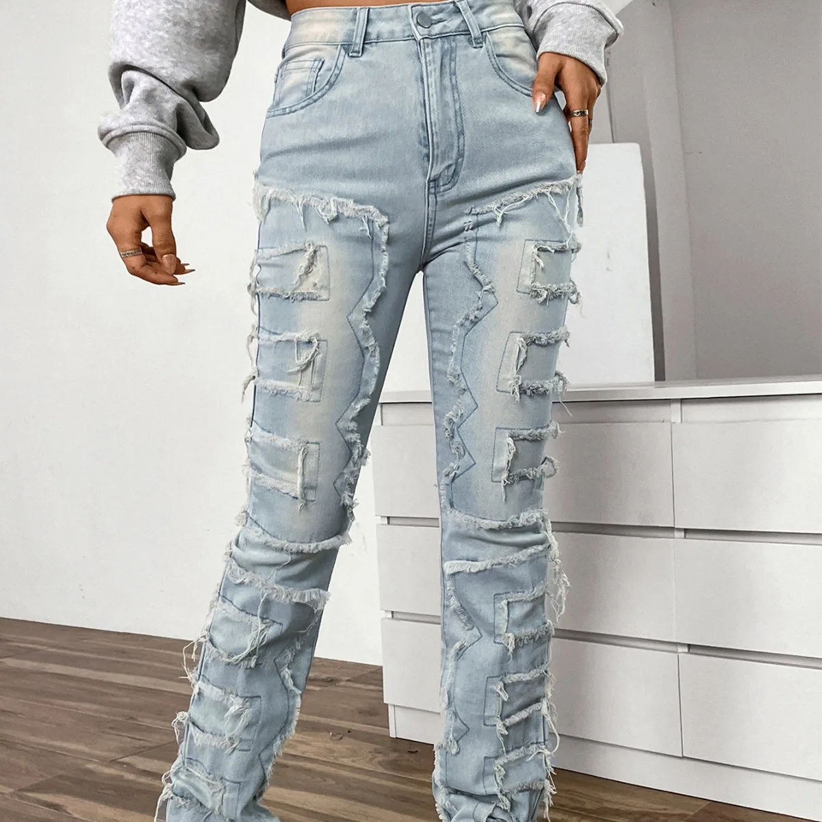 Women's Embroidered Straight Leg Pants Fashion Elastic Patch Denim Layered Denim Pant for Women