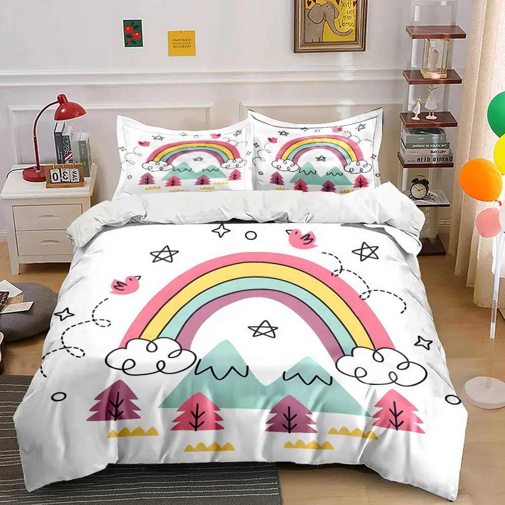 Rainbow and Forest Landscape Illustration Printed Duvet Cover Set 1 Duvet Cover+2 Pillowcase Multi Size Bedroom Bedding Decor