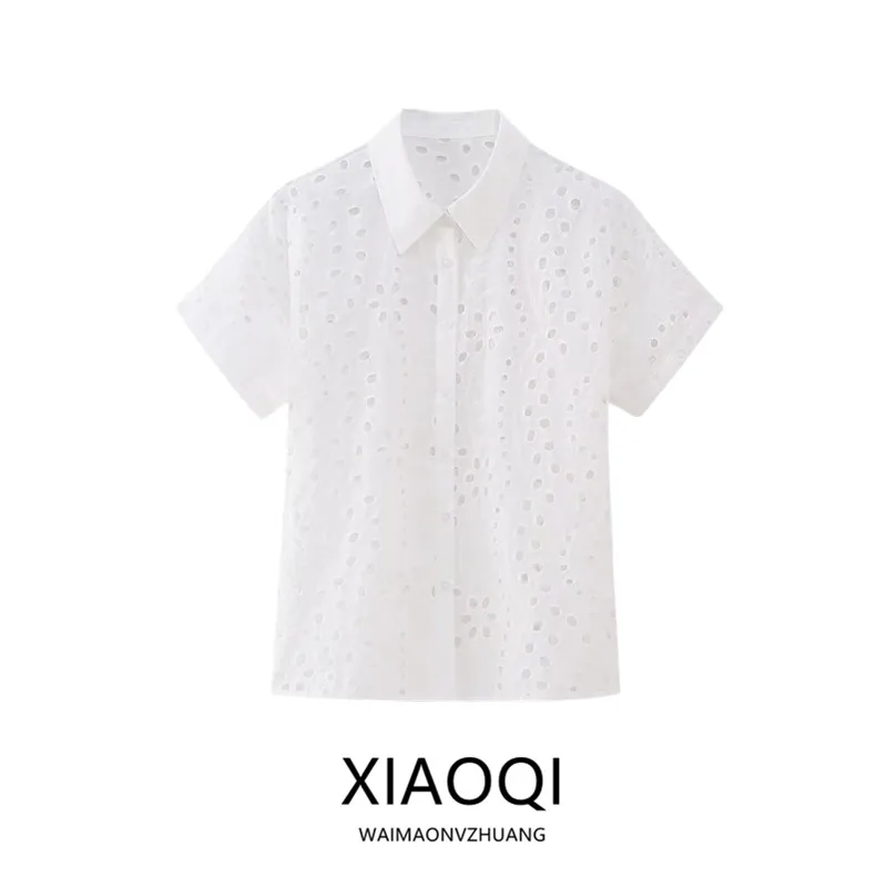 

Летняя женская рубашка 2024 года с коротким рукавом, вышивкой и ажурными вставками, универсальный дизайн горловины, модная повседневная рубашка