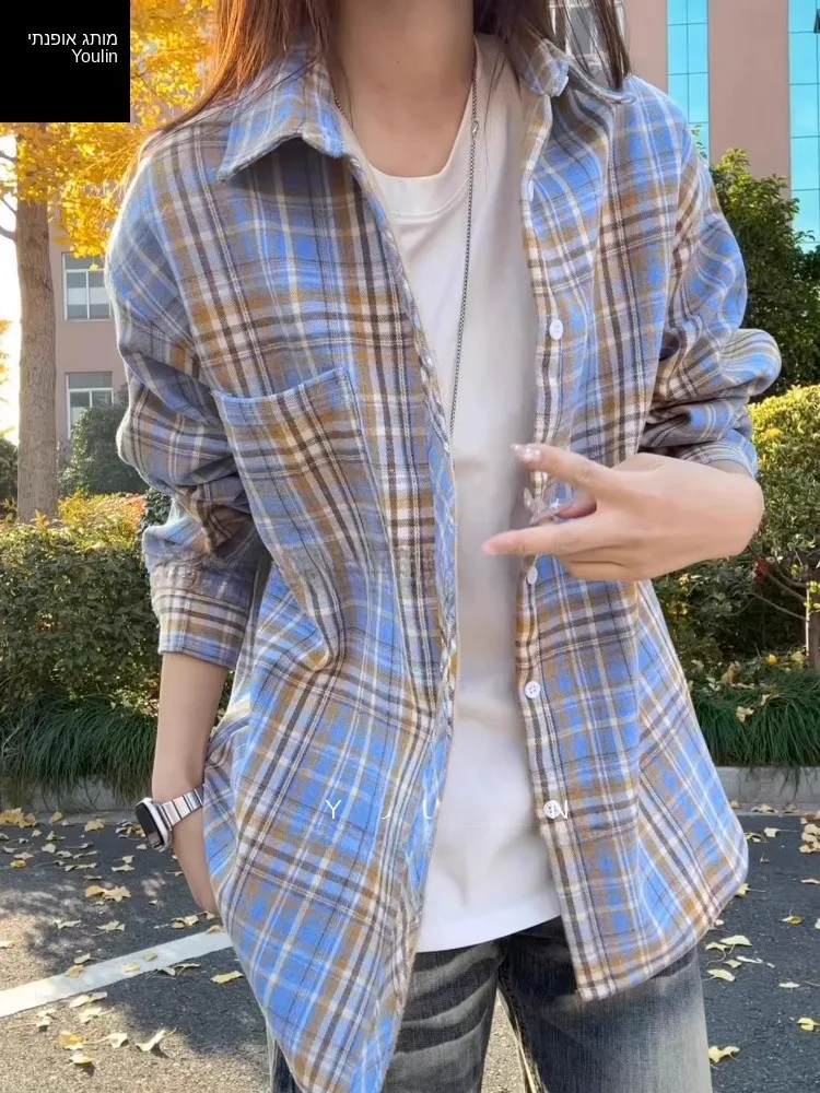 Men's Plaid Long Sleeve Shirt Fleece Lined Thickened Warm Vintage Collar Inner Wear American Style Coat for Autumn Winter