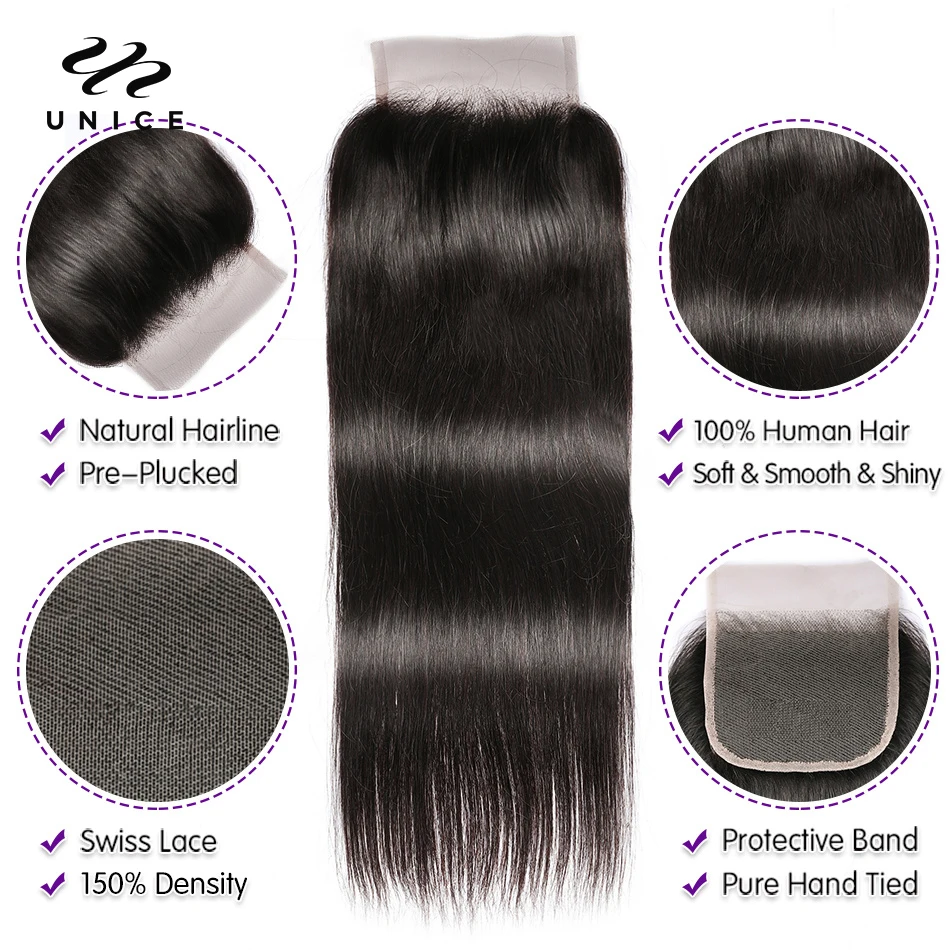 Unice hair Free Shipping Peruvian Virgin Hair With Closure 3 Bundles Peruvian Straight Hair Wefts 12A Grade Peruvian Middle Part