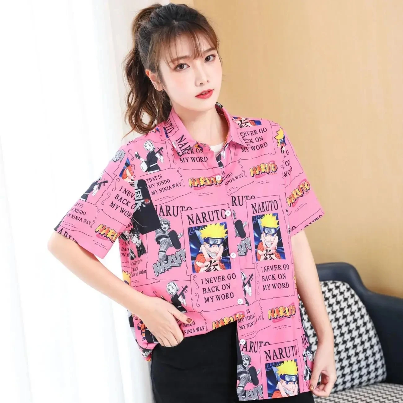 Y2KtrendShort-Sleeved Japanese  Anime Printed Loose 100 Wear Women\'S Shirt Thin Fem