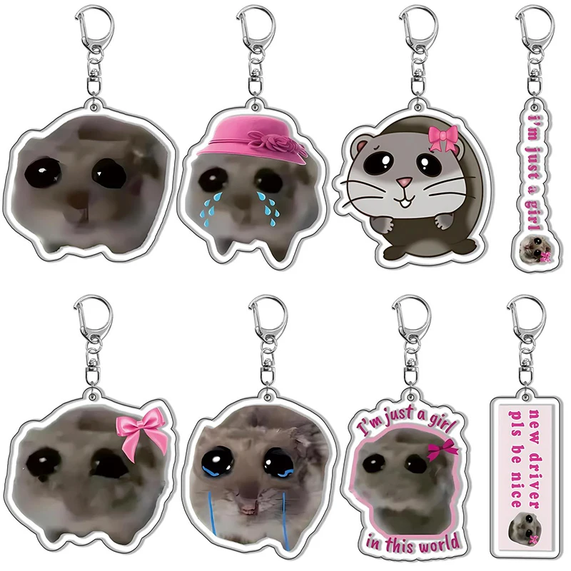 Fun Meme Im Just A Girl Sad Hamster Keychain Cute Animal Key Ring for Accessories Bag Funny Pendant Keyring Jewelry Fans Gifts