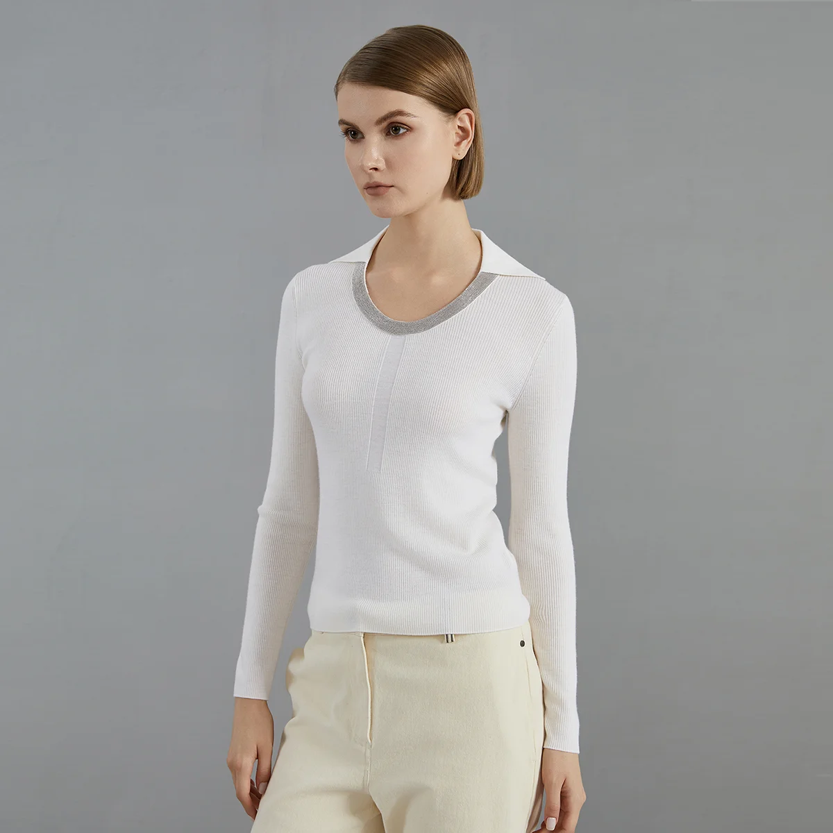 BC780 Damski sweter z dzianiny wełnianej z długim rękawem i kołnierzykiem, wykonany w 100% z wełny, modny strój codzienny dla kobiet