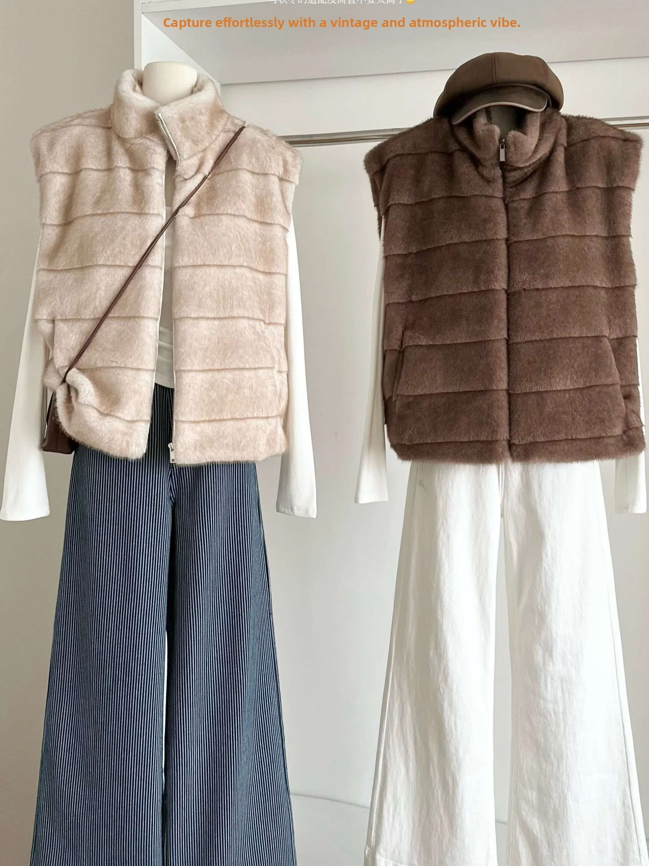 

Retro Sle Stand Collar Furry Vest Jaet Women's Autumn Winter Warm No Sve Zipper Coat Polyester Fiber 00%