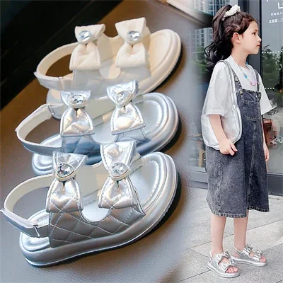 Children\'s Rhinestone Bow Non-slip Soft Soled Open Toe Princess Sandals Girls 2024 Summer New Fashion Temperament Sandals