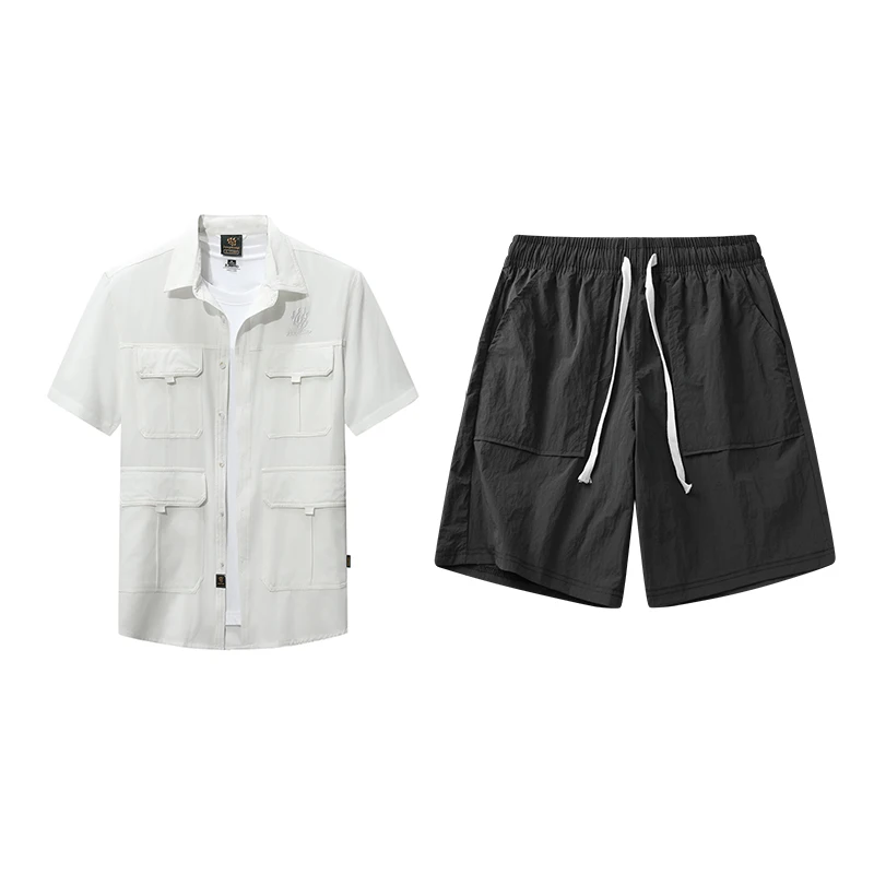 

Men's Outdoor-Inspired Set Short - Sleeved Utility Shirt and Elastic-Waist Shorts Ideal for Casual and Adventure-Ready Look