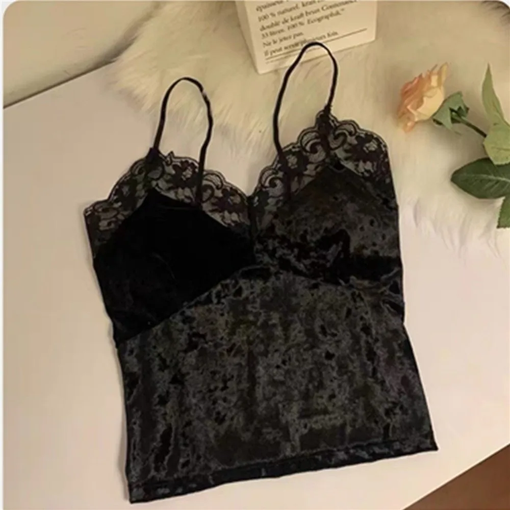 

Tank Bra With Breast Pads Velvet Lace Camisole Streetwear Warm Y2K Suspender Soft Sleeveless Gothic Vest Autumn Summer
